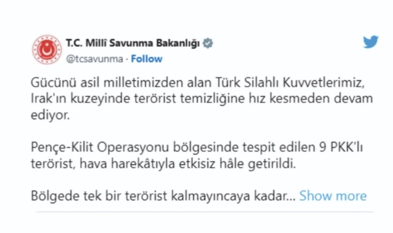 9 terörist hava harekatıyla etkisiz hale getirildi
