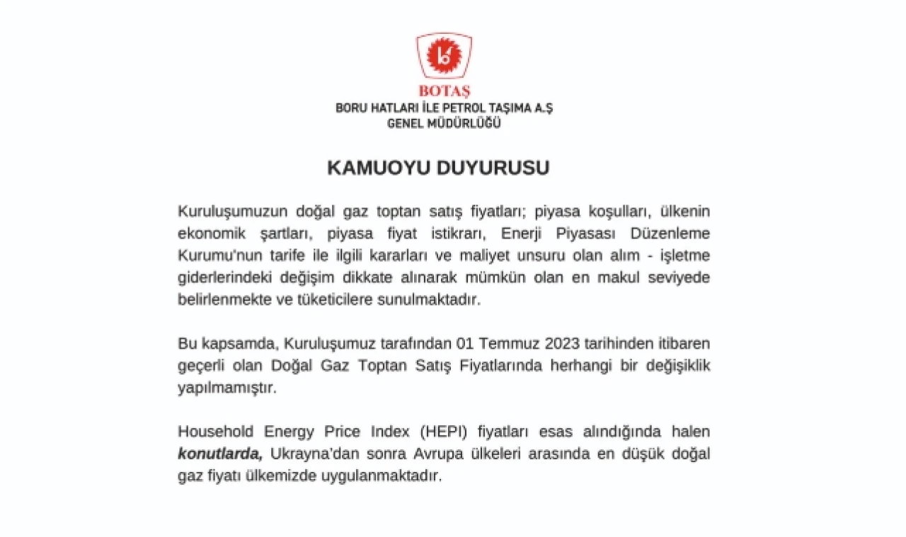 Doğal Gaz Tarifesinde Değişiklik Yapılmadı