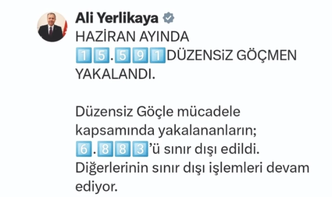 HAZİRAN AYINDA 15 BİN 591 DÜZENSİZ GÖÇMEN YAKALANDI