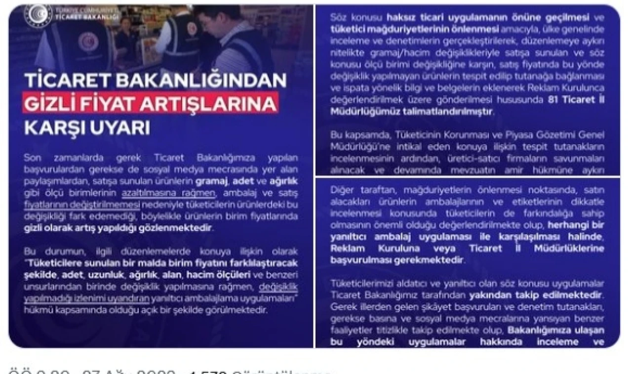 Gramaj, adet ve ambalaj değişikliği ile  fiyat artışı yapanlara ceza yolda!