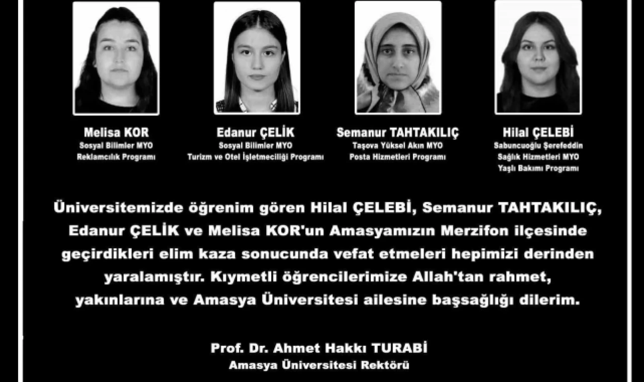 Otobüs kazasında hayatını kaybeden 4 yolcu Amasya Üniversitesi öğrencisi
