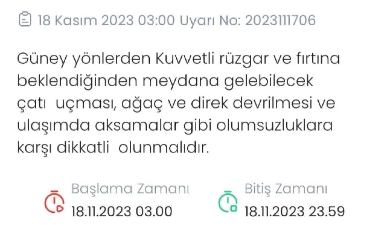Kuvvetli rüzgar ve fırtına uyarısı yapıldı