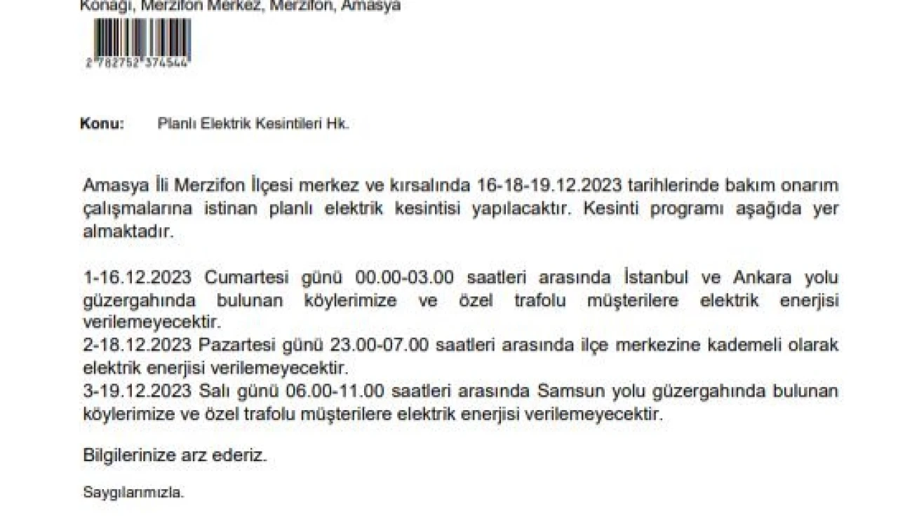 Merzifon ve Kırsalında Elektrik Kesintisi