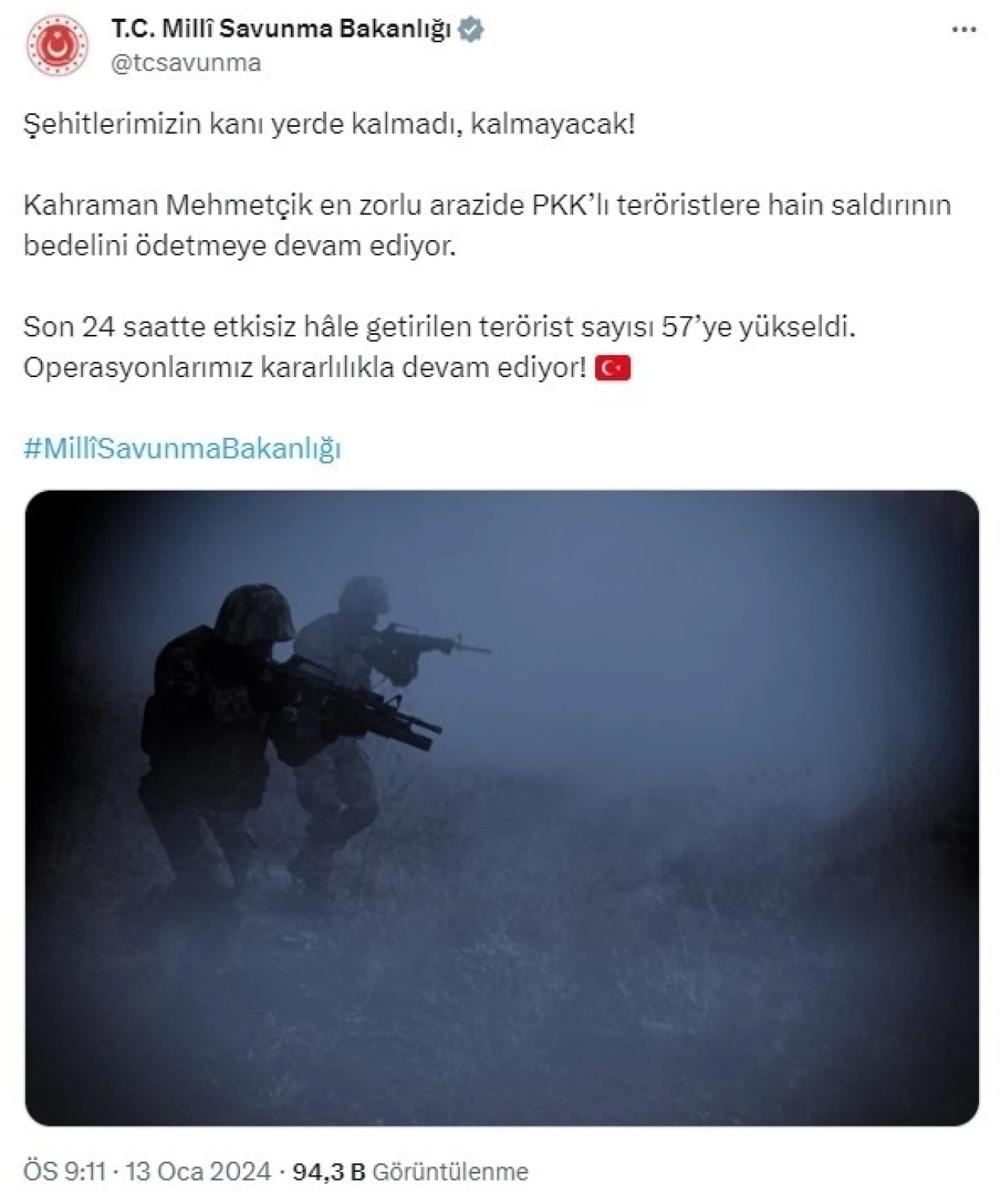 MSB: "Son 24 saatte etkisiz hale getirilen terörist sayısı 57'ye yükseldi"