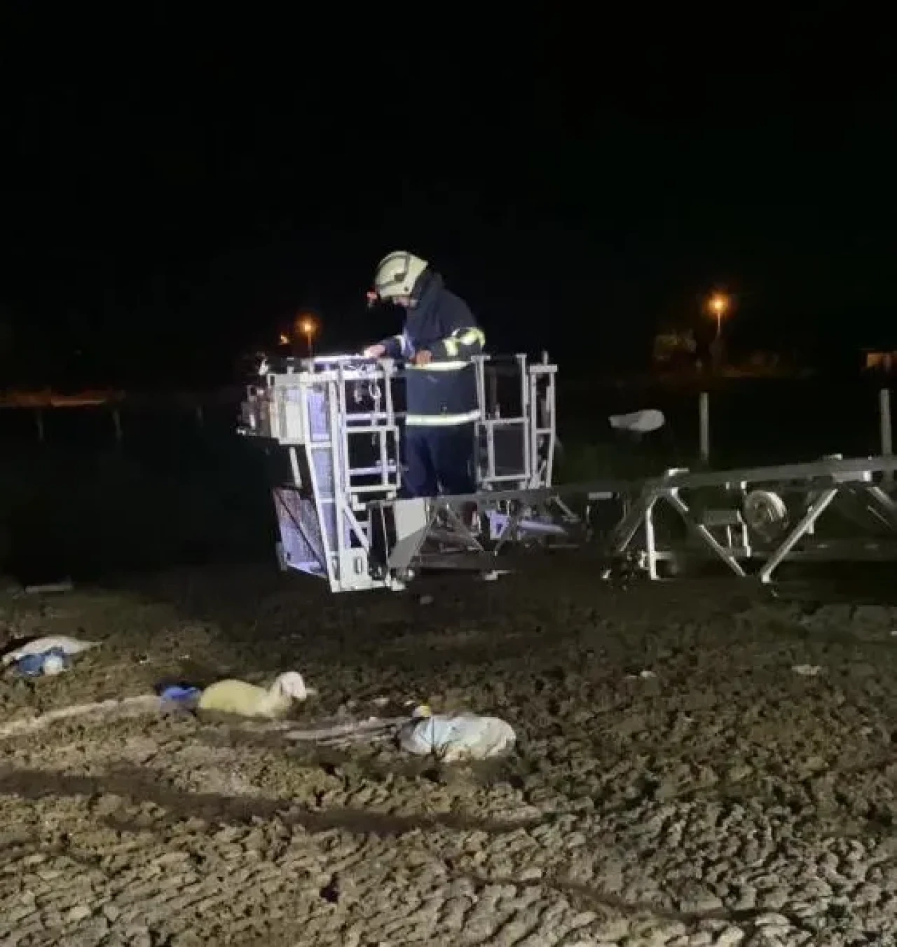 Atık dökülen alanda mahsur kalan koyunu itfaiyeciler kurtardı