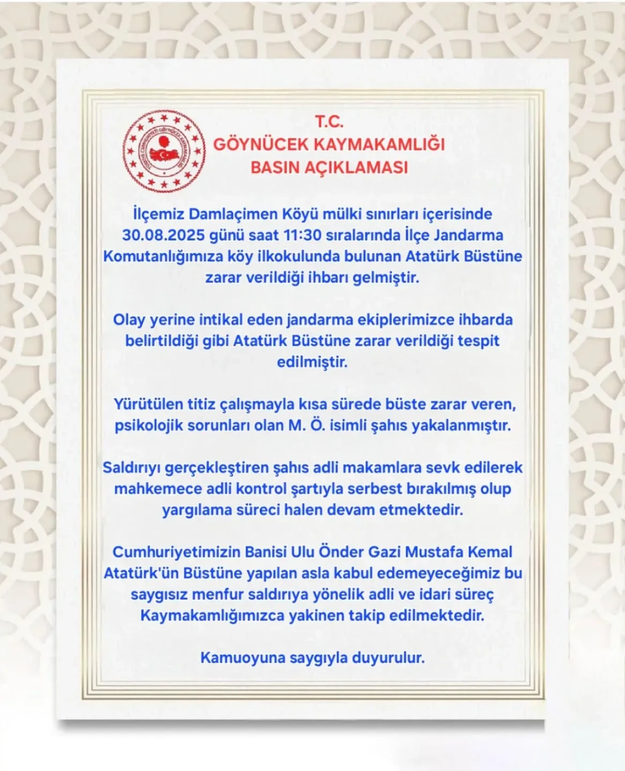 Göynücek’te Atatürk Büstüne Çirkin Saldırı!