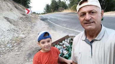 Dağ yolu ve etrafına atılan alkol şişelerini topladılar