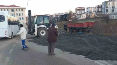 Römork devrildi: Yol, ayçiçeği harmanına dönüştü