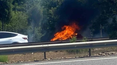 Otoyolda alev alev yandı: Otomobilden geriye demir yığını kaldı