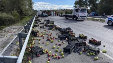 Kamyonet devrildi, elmalar yola saçıldı