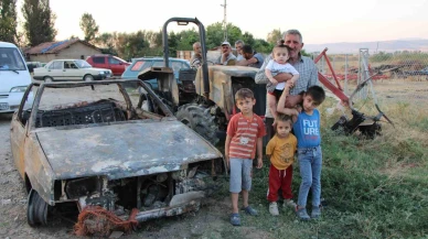 Ev, traktör ve otomobili yanan çift 4 torunuyla yuvasız kaldı