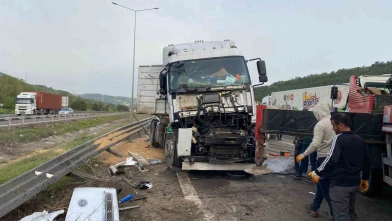 TEM’de sürücüsünün uyuduğu iddia edilen buğday yüklü tır devrildi