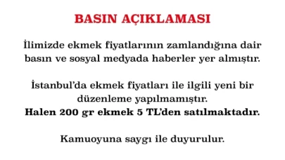 İstanbul Valiliği, ekmek fiyatlarıyla ilgili bir düzenleme yok dedi