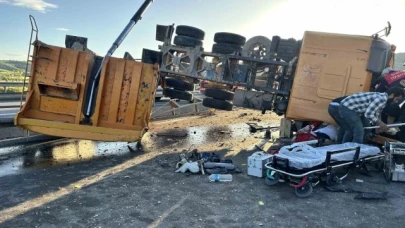 Karşı şeride geçen kamyon devrildi: 1 ölü, 2 yaralı