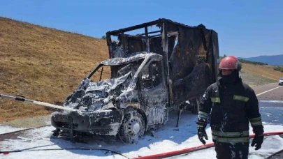 Kamyonla çarpışan kamyonet alevlere teslim oldu
