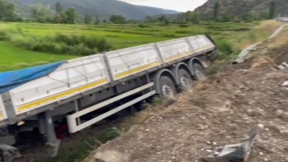 Yoldan çıkan 2 tır peş peşe çeltik tarlasına devrildi