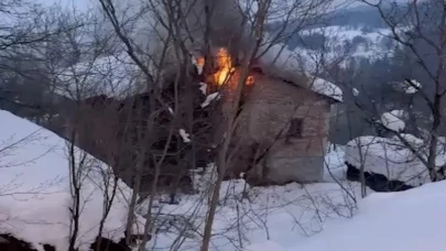 Yolu ulaşıma kapanan köydeki 2 katlı ev alevlere teslim oldu