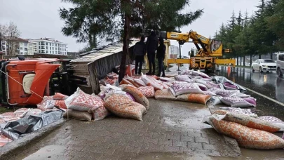 Besi yemi yüklü tır devrildi: 1 yaralı