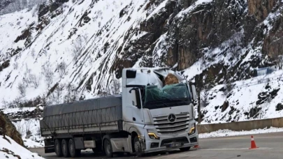Tırın üzerine kaya düştü: Sürücü yaralandı