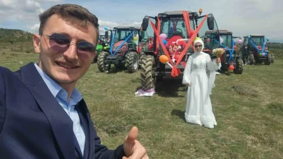 Gelin direksiyon başına geçti traktör, çiftçi çiftin gelin arabası oldu