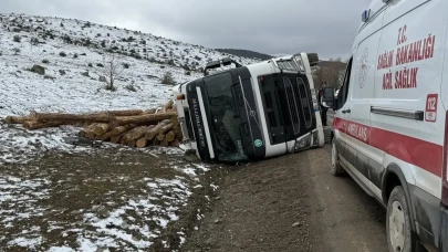 Tomruk yüklü tır devrildi: 1 yaralı