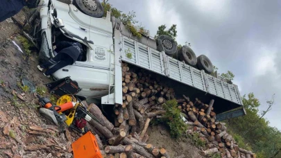 Odun yüklü kamyon şarampole devrildi: 1 ölü