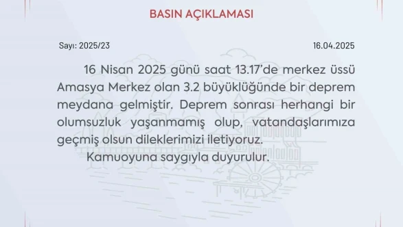 Amasya Valiliği’nden 3.2 depremle ilgili açıklama: "Bir olumsuzluk yok"