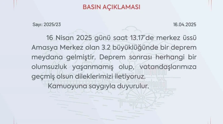 Amasya Valiliği’nden 3.2 depremle ilgili açıklama: "Bir olumsuzluk yok"