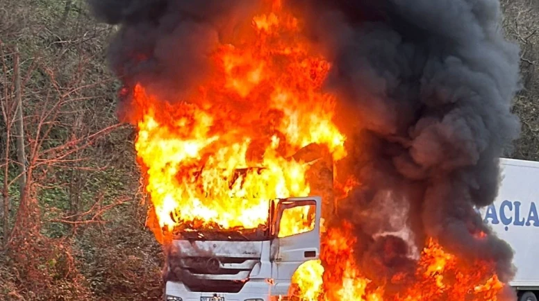 Arızalanan tır alev alev yandı