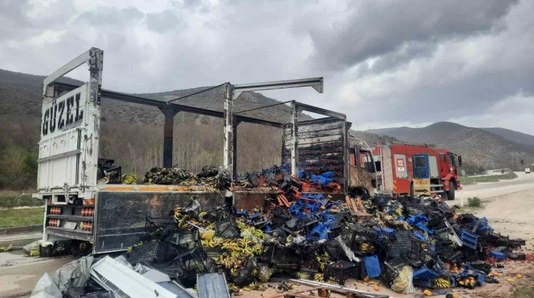 Çilek yüklü kamyon yandı